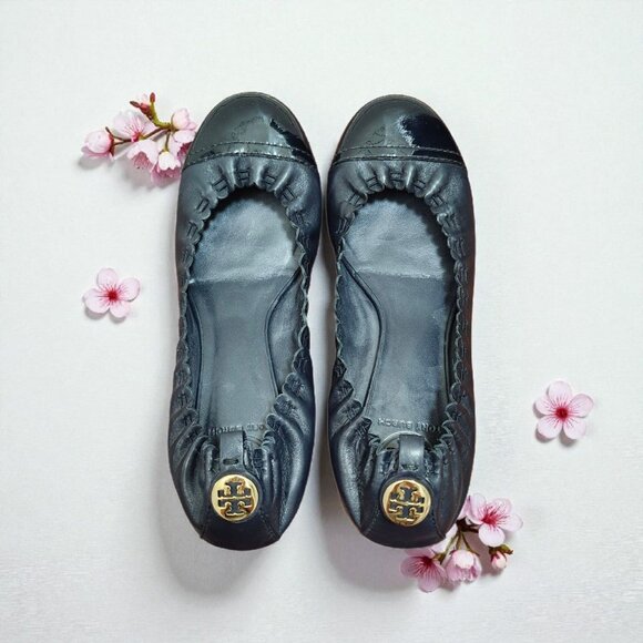 Tory Burch Black Abbey Mestico/Patent Flats dark blue Leather Women's Size 7.5 - Picture 11 of 11